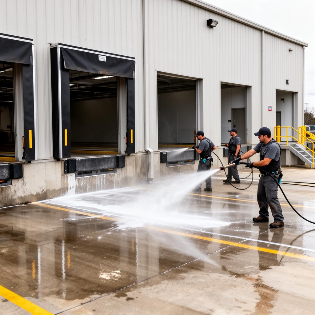 Commercial pressure washing crew cleaning a warehouse loading area